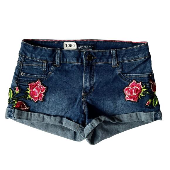 Boom Boo Jeans Women’s Denim Short Shorts size 7 (S),Jean Blue,Embroidered Roses - Picture 1 of 10